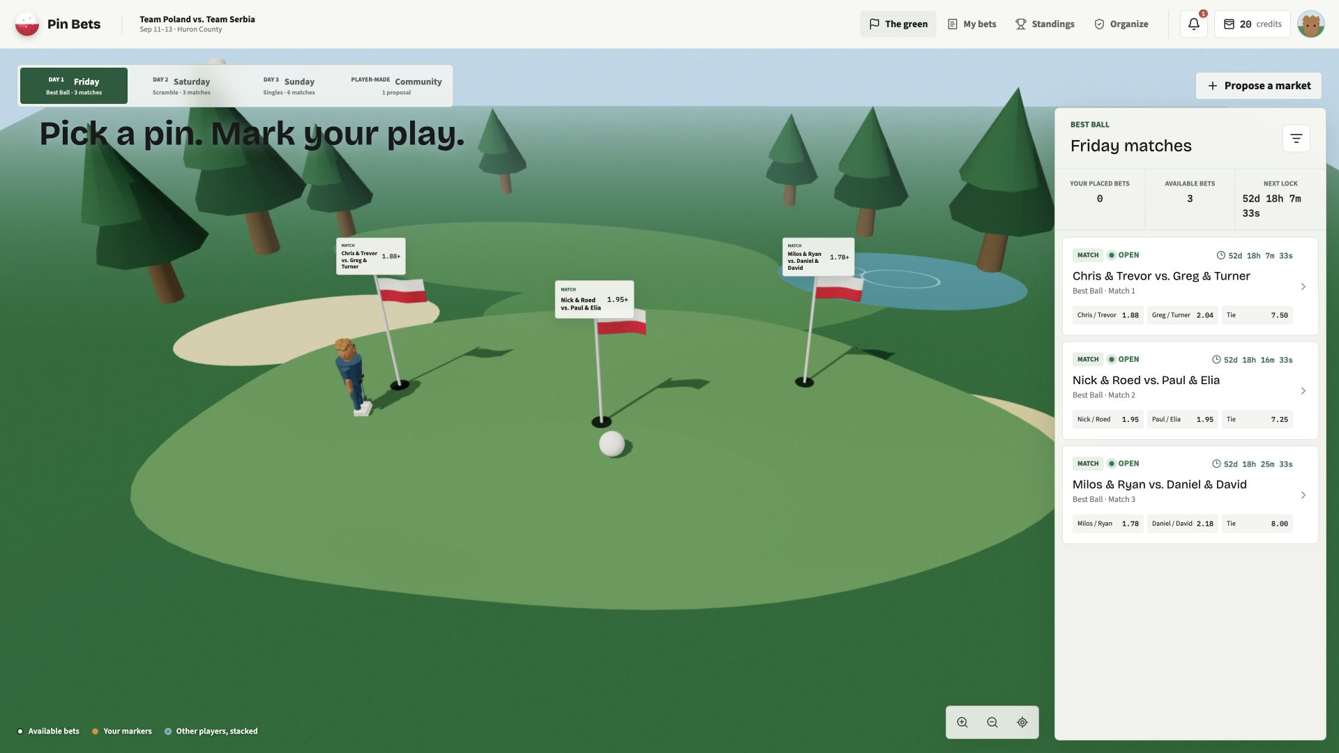Betting green on desktop in Pin Bets